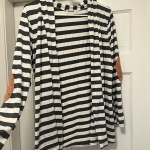 Striped Gray and White Cardigan with Tan Elbow Patches